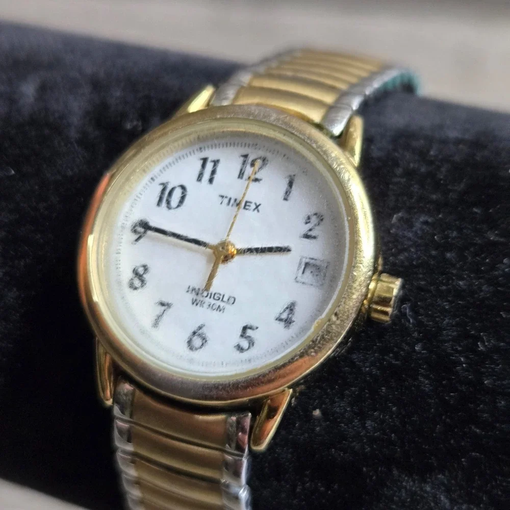 Timex T2H381 Women's Indiglo Quartz Date WR 30M Two Tone Watch Working 6.5